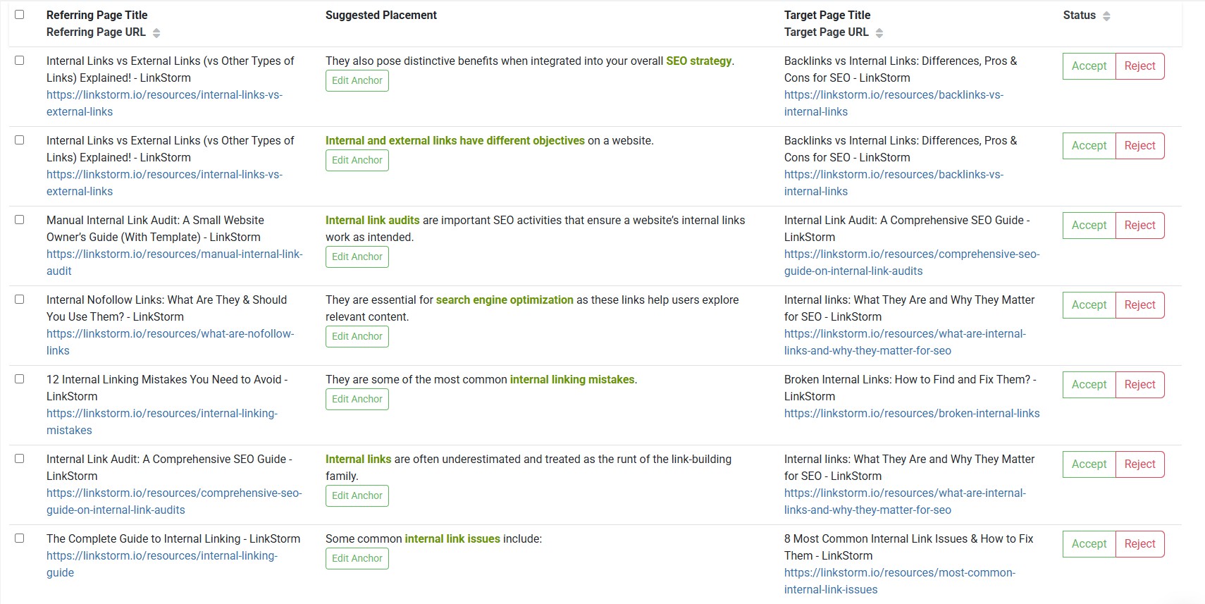 Screenshot of LinkStorm's internal link opportunities
