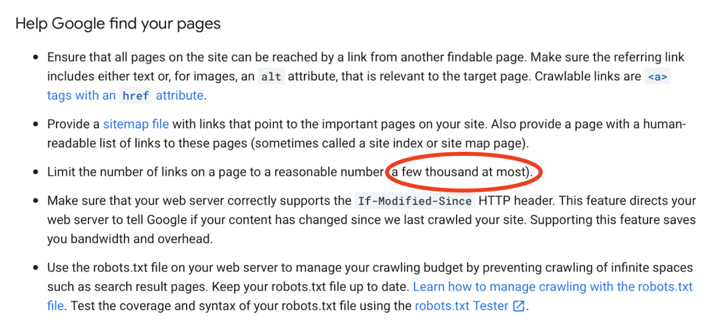Screenshot of Google's previous guidelines on link limits