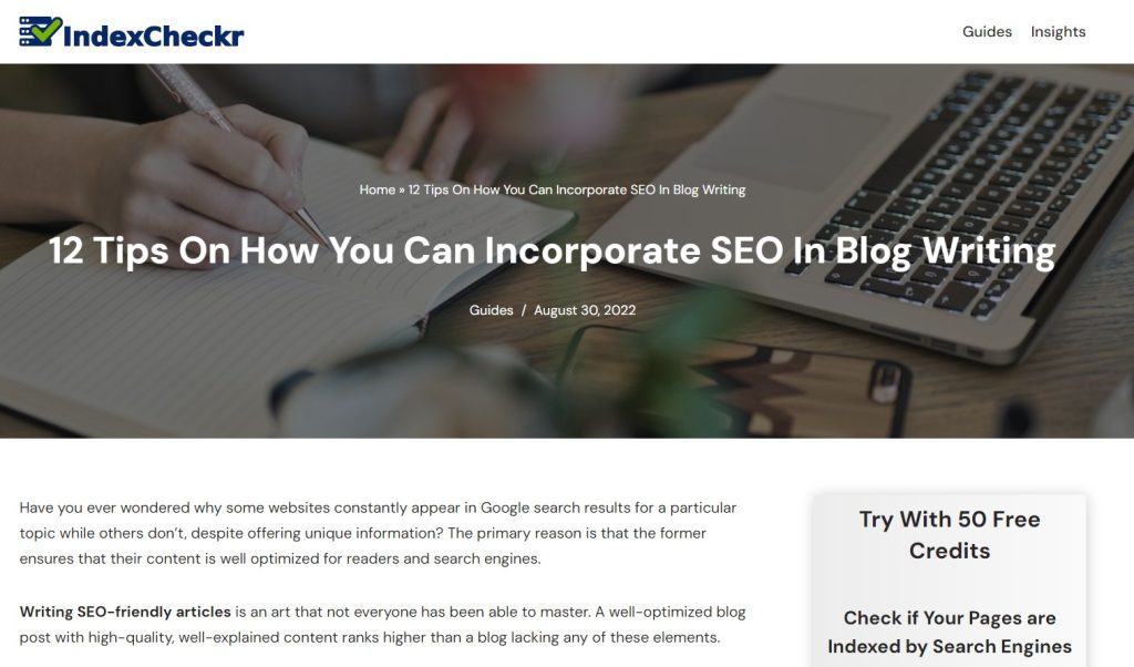 Screenshot of IndexCheckr's content on "SEO in Blog Writing"