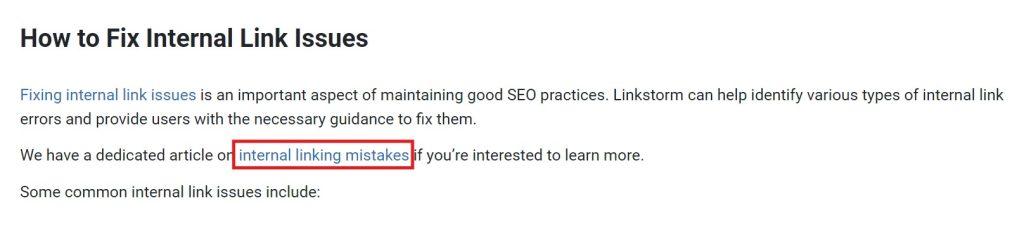 Screenshot of LinkStorm's copy on how to fix internal linking issues