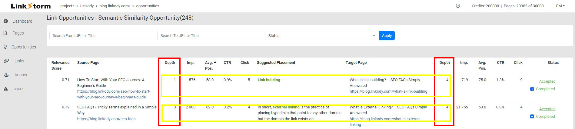 Screenshot of LinkStorm's Opportunities tab with click depth highlighted