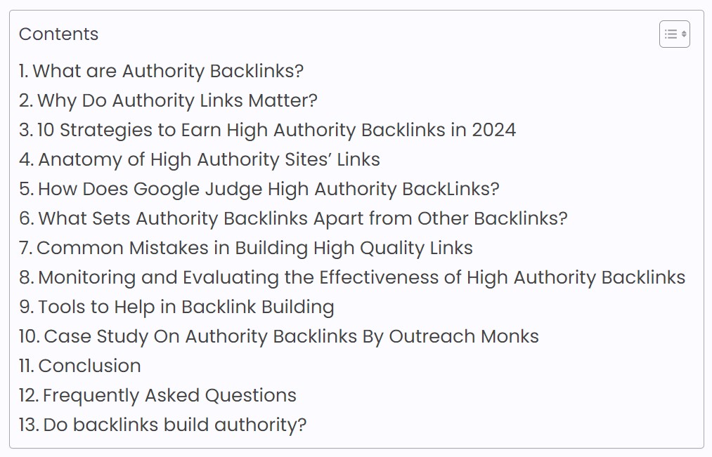 Screenshot of jump links in an article about authority backlinks