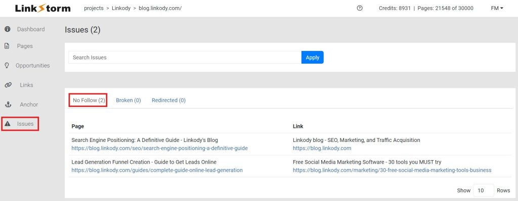 Screenshot of the Nofollow section of LinkStorm's Issues tab