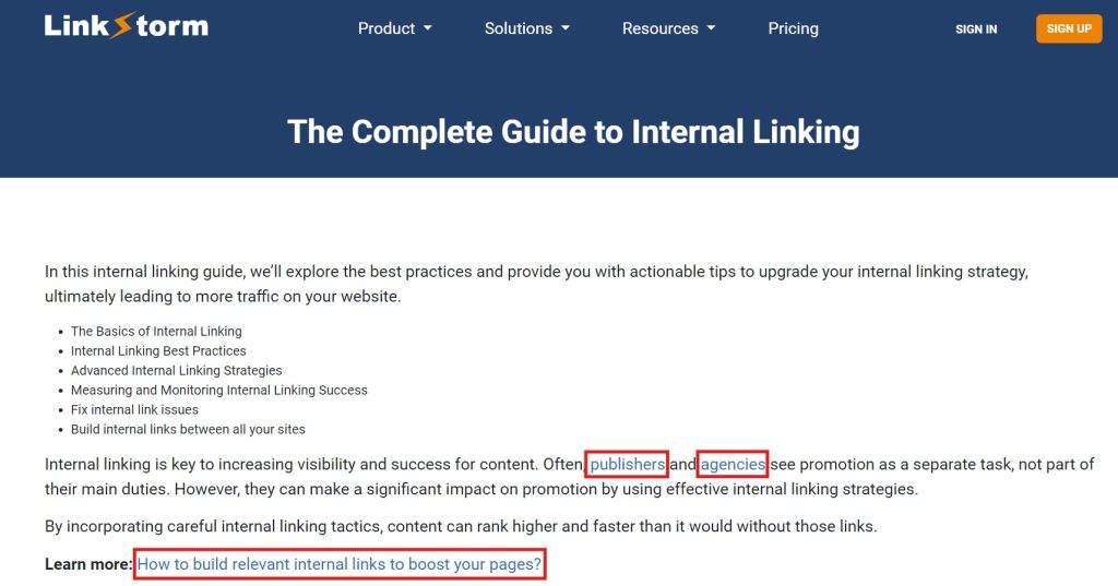 Screenshot of LinkStorm's resource on the complete guide to internal linking