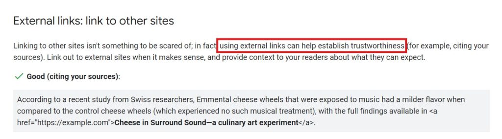 Screenshot of Google's guidelines on external linking 
