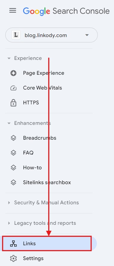 Google Search Console Links Tab