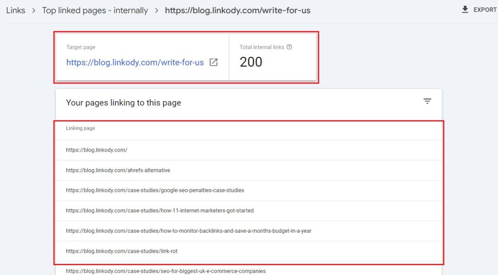 Google Search Console all internal links of Linkody's guest post agreement page
