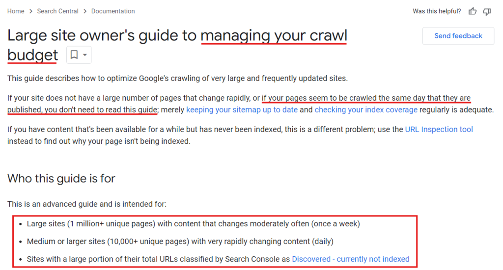 Screenshot of Google's Guide on Managing Crawl Budget
