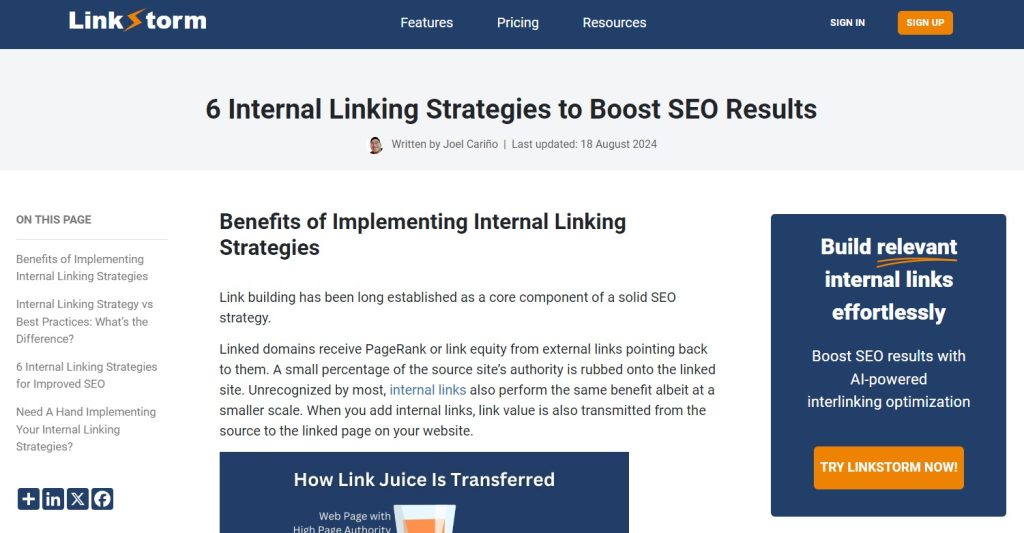 Screenshot of LinkStorm's Internal Linking Strategies web page