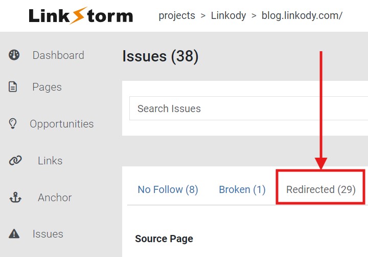 Screenshot of LinkStorm's Issues dashboard with arrow to the Redirected tab