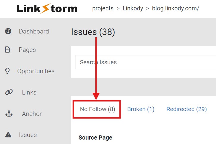 Screenshot of LinkStorm's Issues tab with arrow to the No Follow option