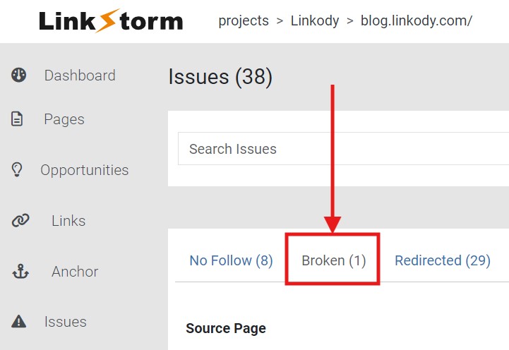 Screenshot of LinkStorm's Issues tab with arrow to the broken option
