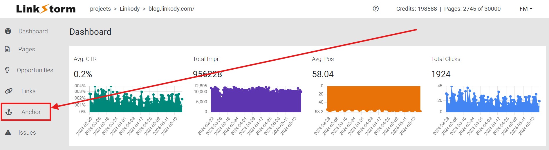 Screenshot of LinkStorm's dashboard with arrow to the Anchor tab