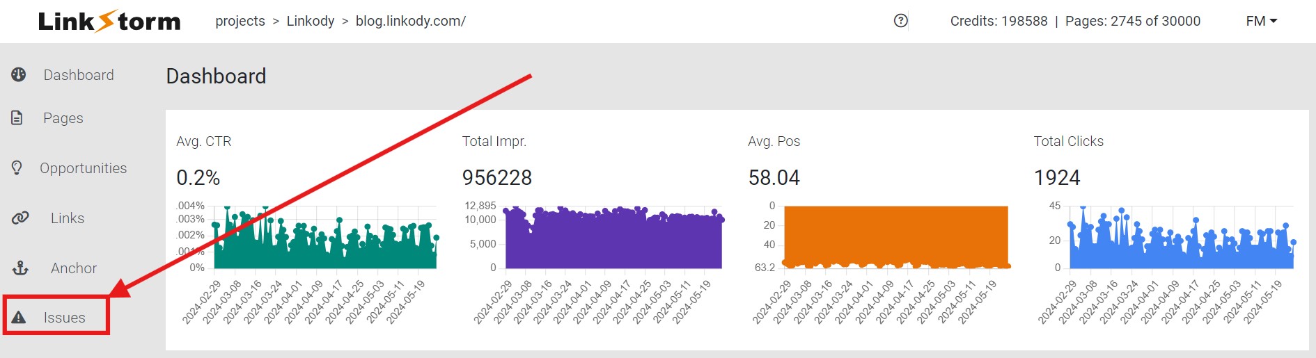 Screenshot of LinkStorm dashboard with arrow to Issues tab