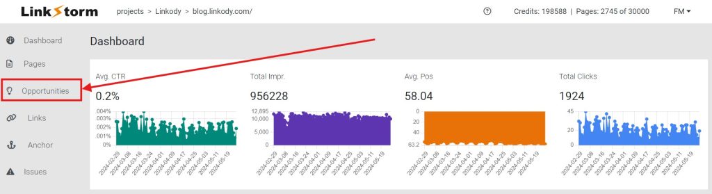 Screenshot of LinkStorm's dashboard with arrow to the Opportunities tab