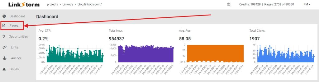 Screenshot of LinkStorm's dashboard with arrow to the Pages tab