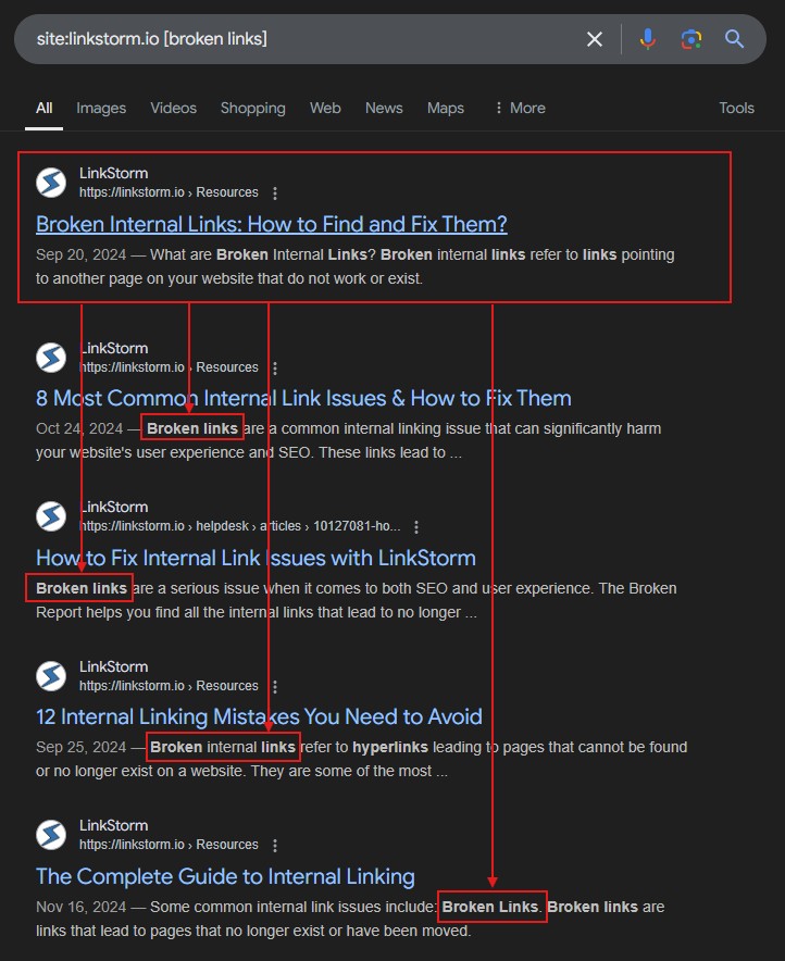 Screenshot of SERPs using search operators to find content with 'broken links' keyword