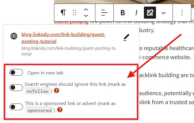 Screenshot of nofollow toggle for links on WordPress