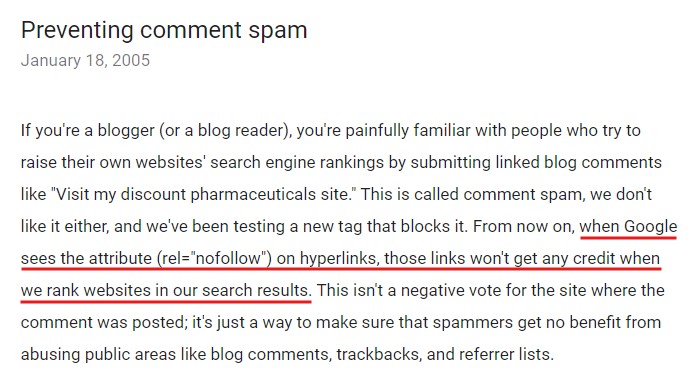 Google's announcement on 2005 introducing the concept of nofollow links