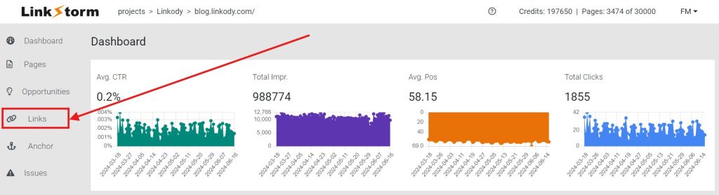 Screenshot of LinkStorm's dashboard with arrow to the Links tab