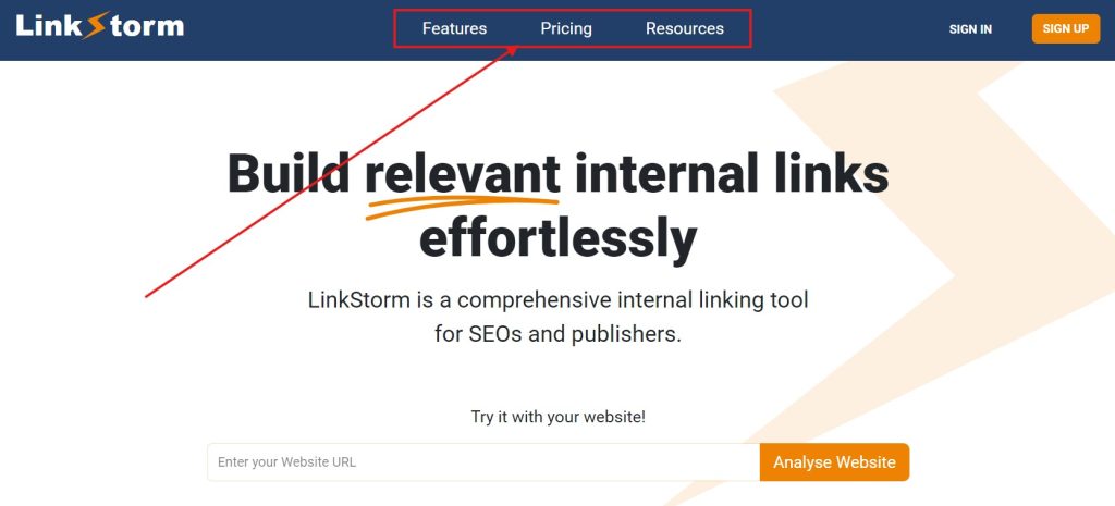 Screenshot of LinkStorm's homepage with highlights on navigation links