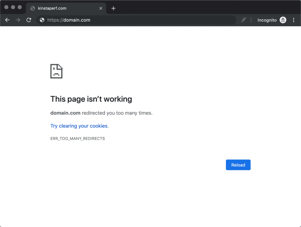 Screenshot of an error page due to redirects