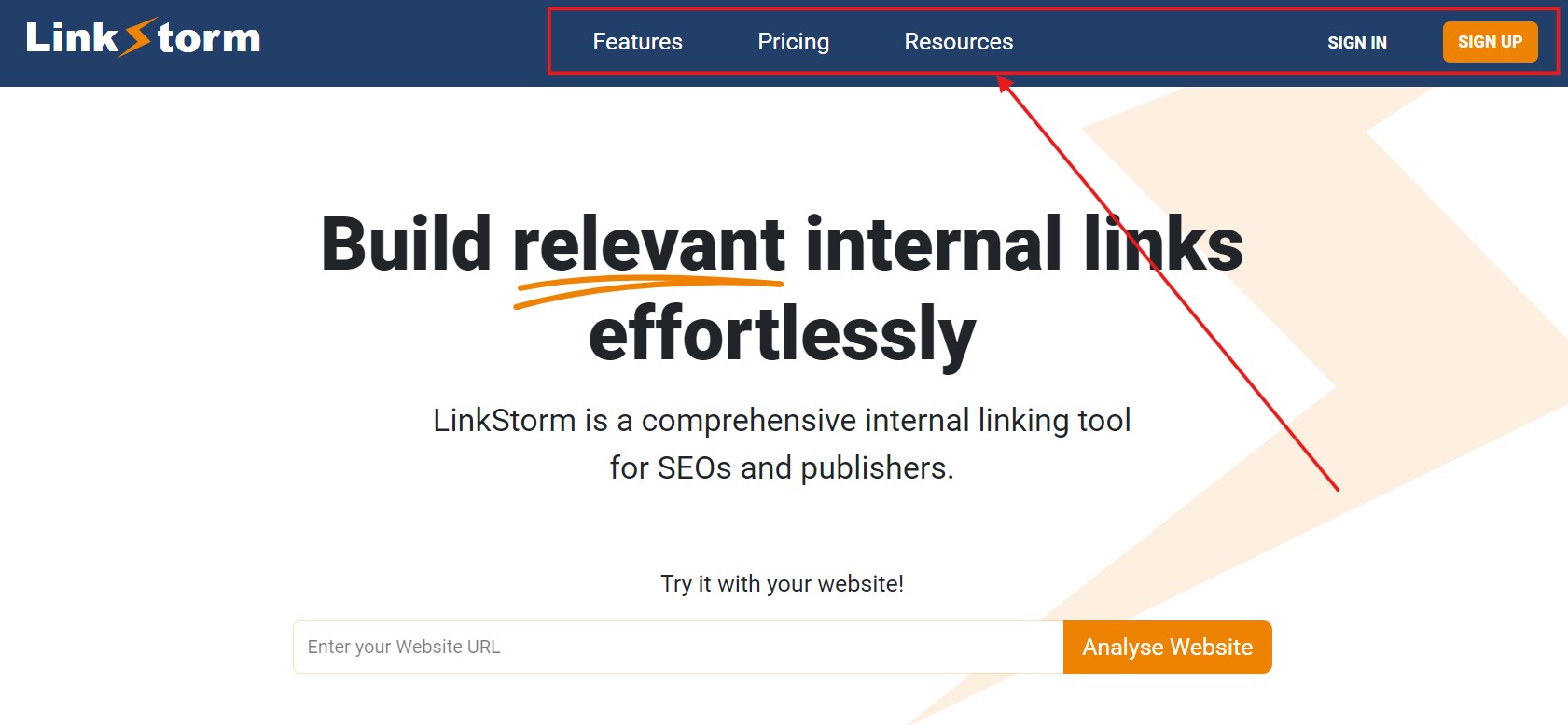 Screenshot of LinkStorm's homepage with arrow to the main menu (navigational links)