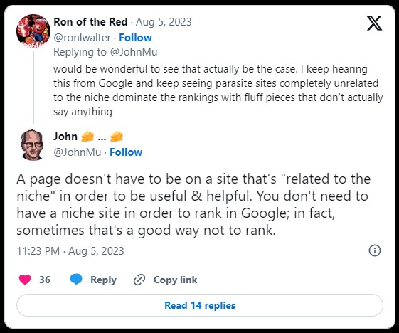 John Mueller on non-niche sites ranking on Google