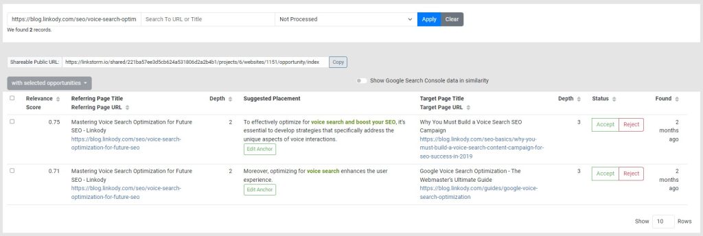 Screenshot of LinkStorm's opportunities tab voice search SEO