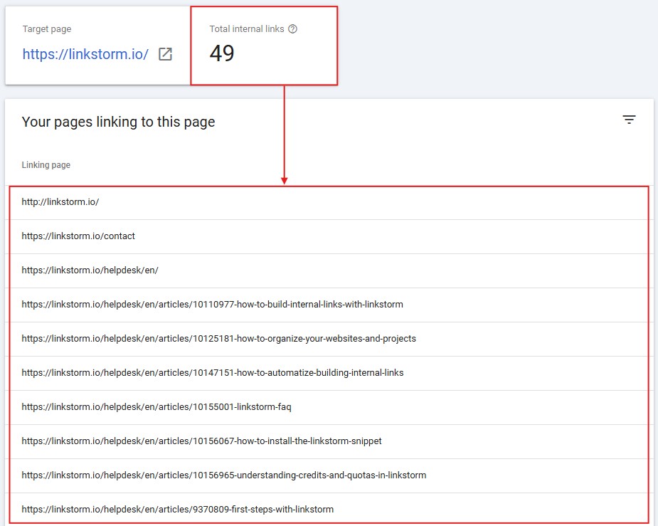 List of internal links pointing to LinkStorm.io homepage