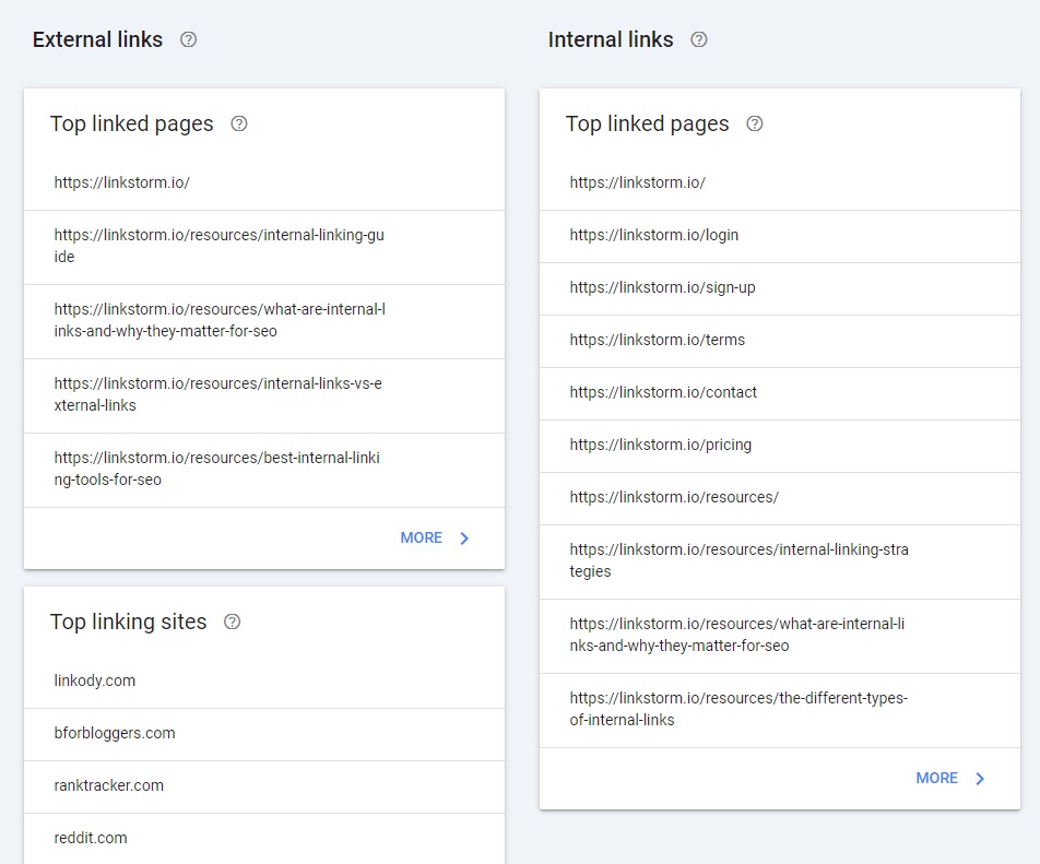 Screenshot of Google Search Console Links dashboard