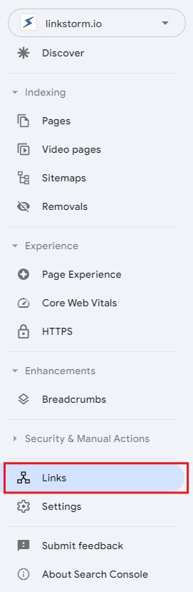 Screenshot of Google Search Console sidebar menu with highlights on Links