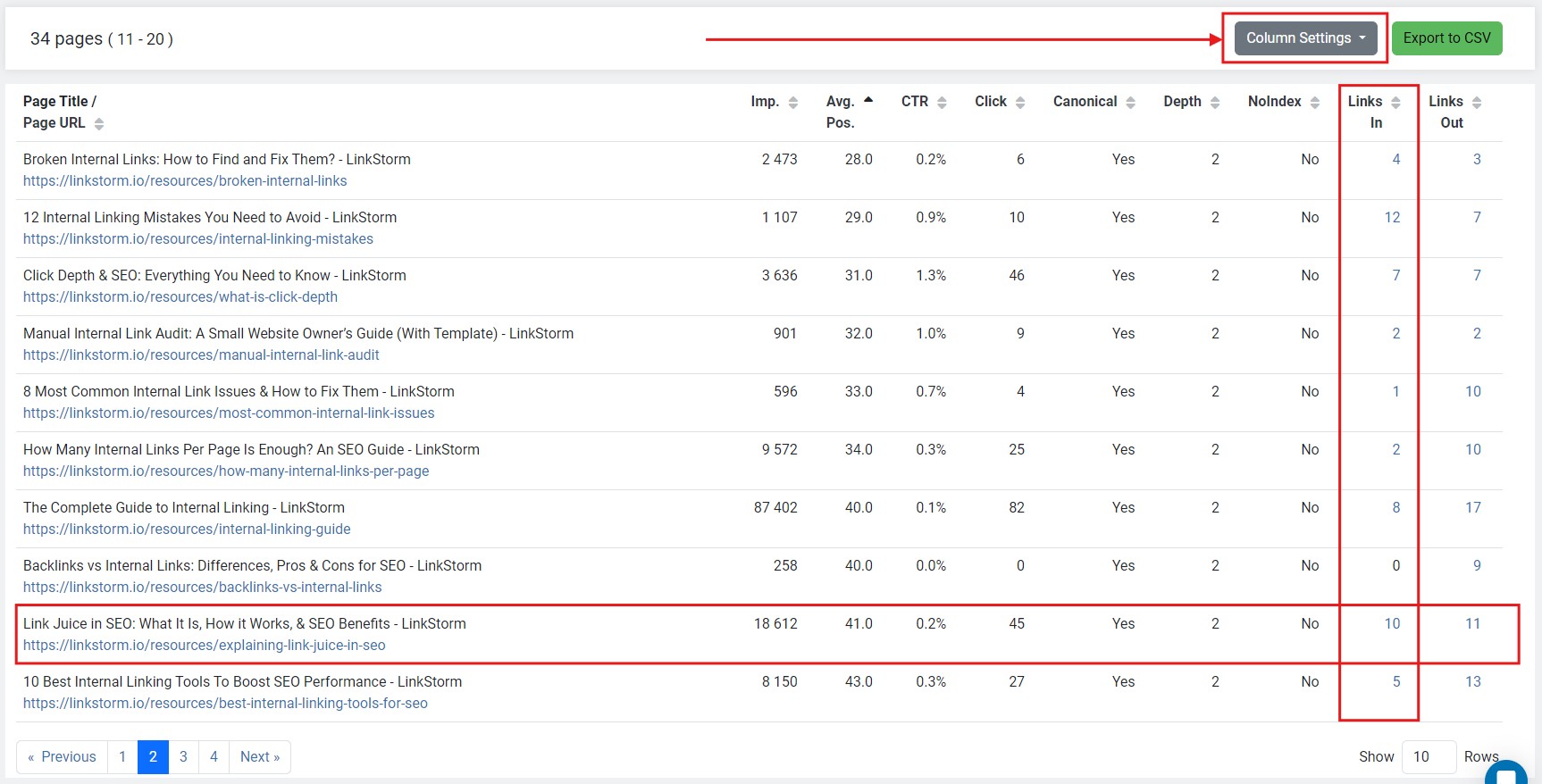 Screenshot of LinkStorm's Pages tab with highlights on Links In column and the row featuring our resource on Link Juice