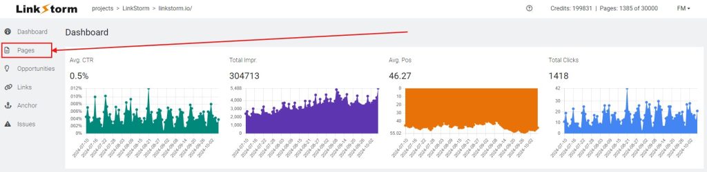 Screenshot of LinkStorm's dashboard with arrow to the Pages tab