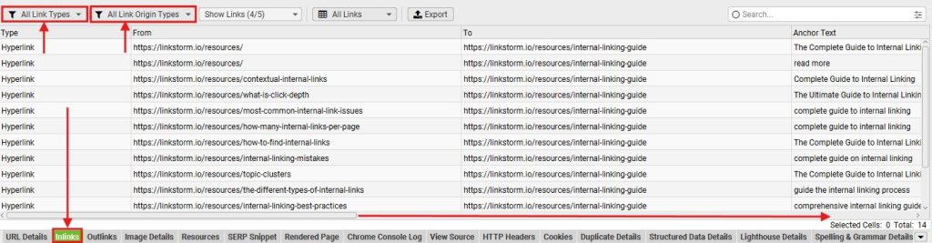 Screenshot of Screaming Frog interface with highlights on the Inlinks, filters, and scroller