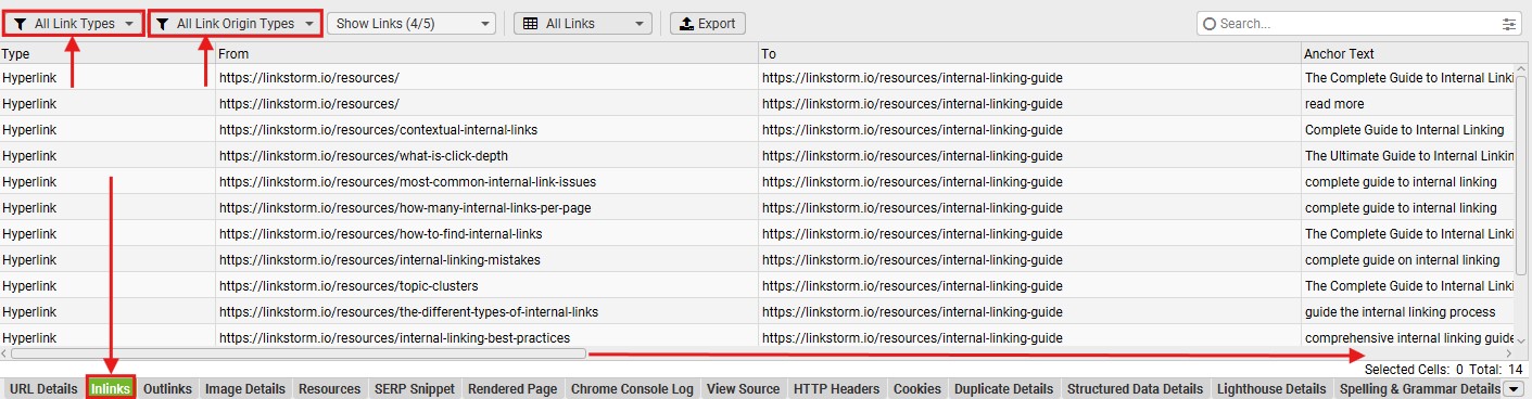 Screenshot of Screaming Frog interface with highlights on the Inlinks tab and horizontal scrolle