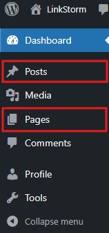 Screenshot of WordPress dashboard with highlights on the 'Posts' and 'Pages' tabs