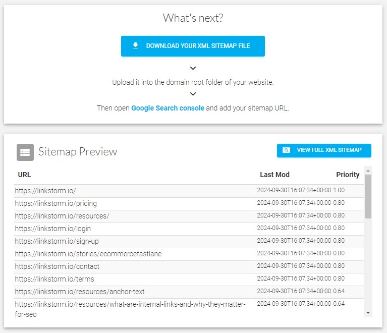 Screenshot of XML sitemap results