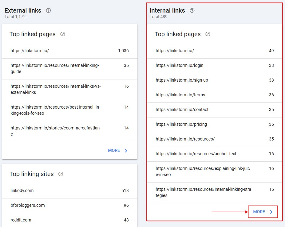 Screenshot of top internally and externally linked pages report on Google Search Console