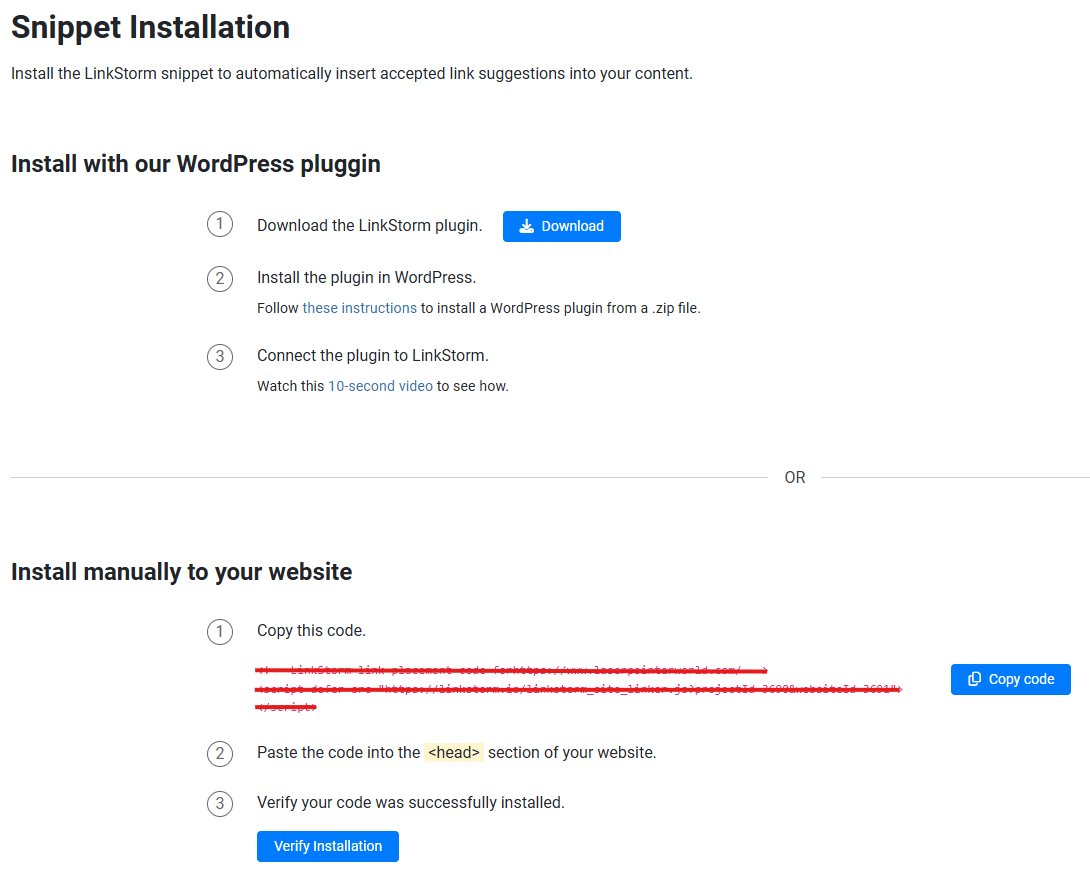 Screenshot of LinkStorm snippet installation guide