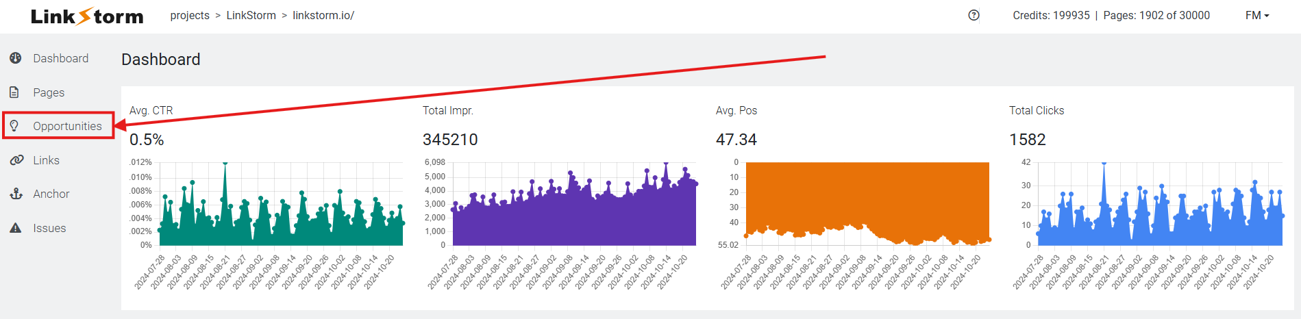 Screenshot of LinkStorm dashboard with arrow to Opportunities tab