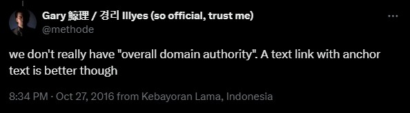 Screenshot of Gary Illyes X post saying Google doesn't have 'overall domain authority'