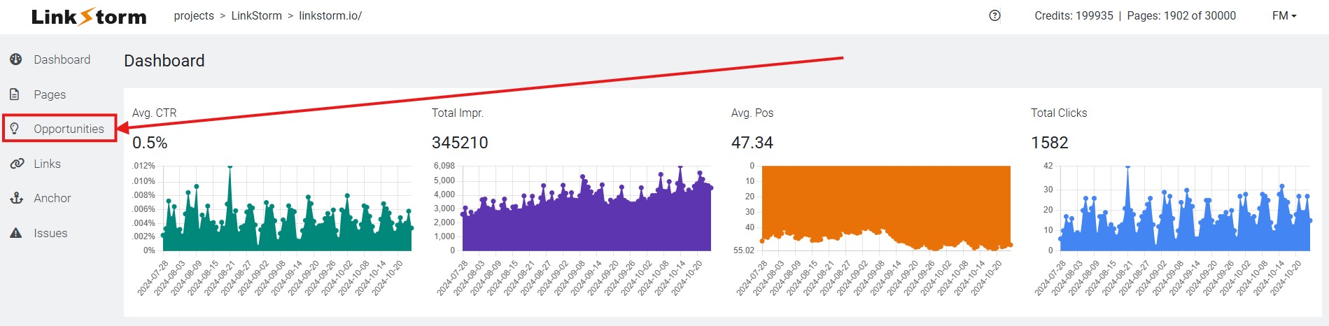 Screenshot of LinkStorm's dashboard with arrow to the Opportunities tab