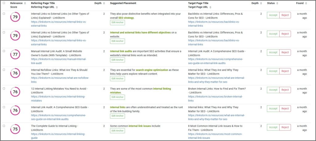 Screenshot of LinkStorm internal link opportunities