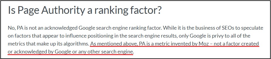 Screenshot of Moz saying Page Authority is not a Google ranking factor