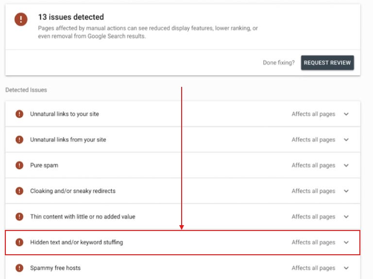 Example of manual actions on Google Search Console