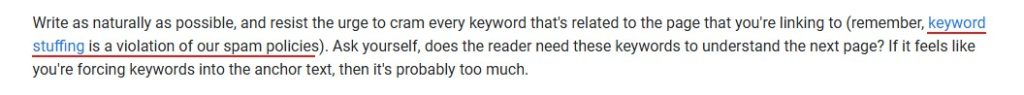 Screenshot of Google saying keyword stuffing is spam