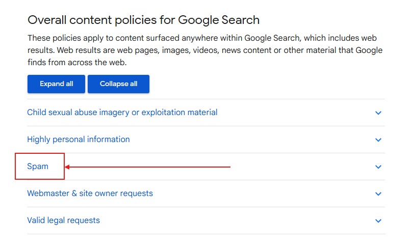 Screenshot of Overall content policies for Google search