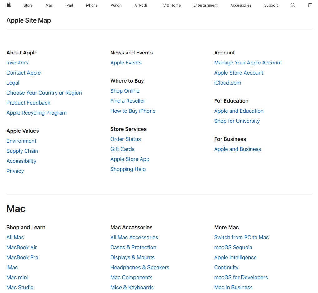 Screenshot of Apple's HTML sitemap