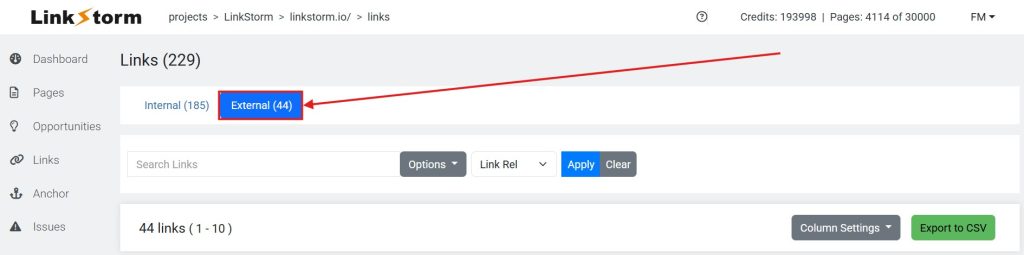 Screenshot of LinkStorm Links tab with arrow pointing at External button